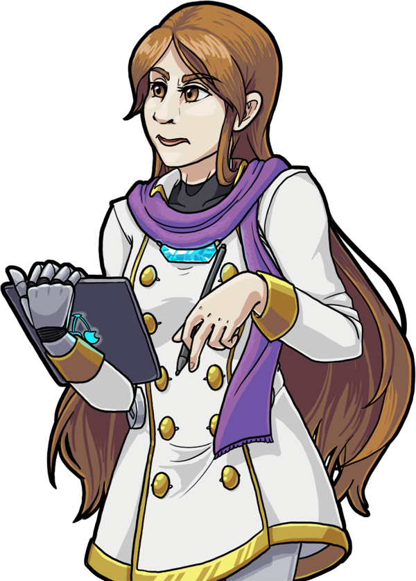 A waist-up version of Chanti's icon art. She has a visibly robotic right hand holding a tablet with a cherry logo on it, and a stylus in her left hand. She looks about ready to throw the stylus at someone.