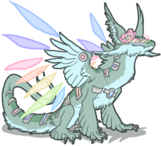 A pale green feathered dragon, seated. The dragon has a peony flower in front of their right ear, pastel rainbow hologram wings, and several glowing inset panels.